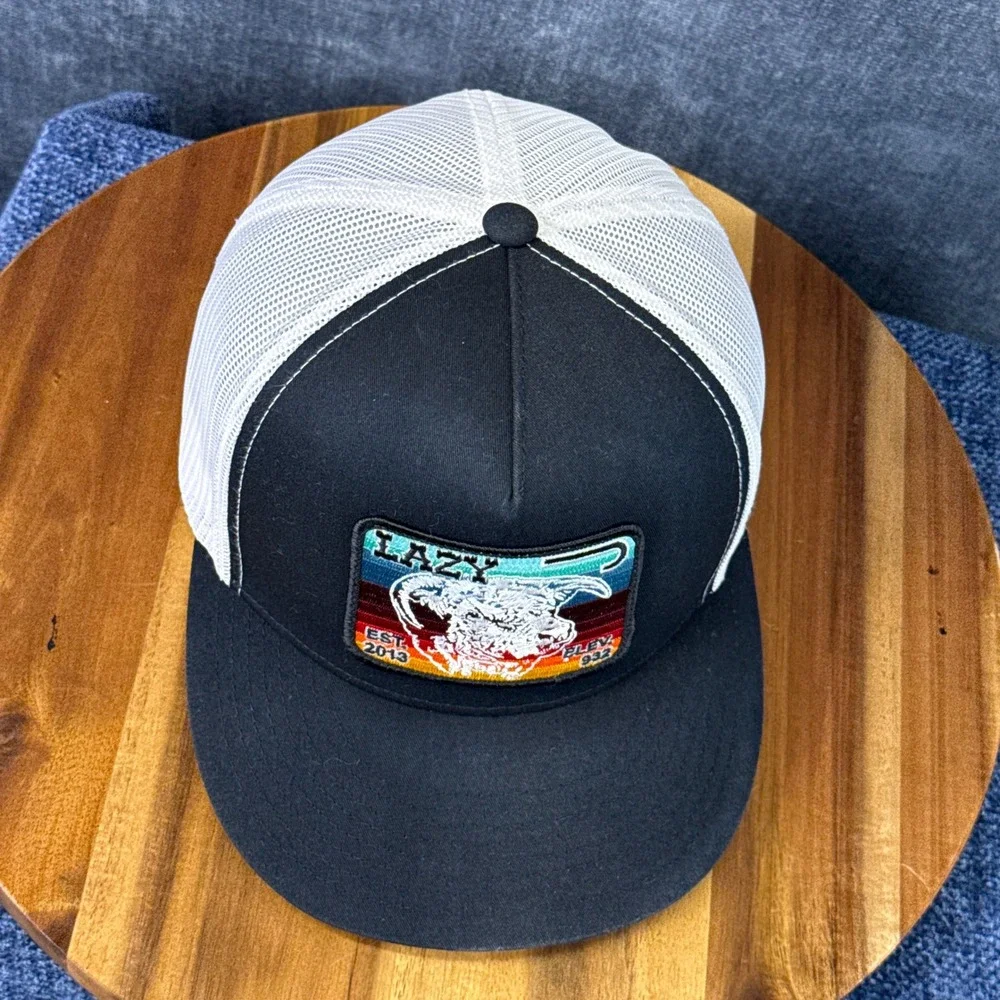Lazy J Ranch Wear Trucker Hat OSFM Black White Polyester Cotton Snapback